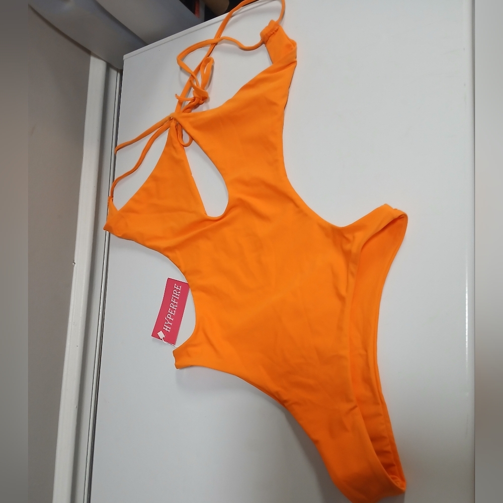 New! Hyperfire Bold Orange Cut Out Halter Cheeky Monokini Strappy One Piece M